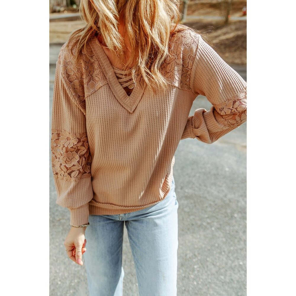 Women's Lace Sleeve Criss Cross V Neck Waffle Tops Size S/M/L/SL